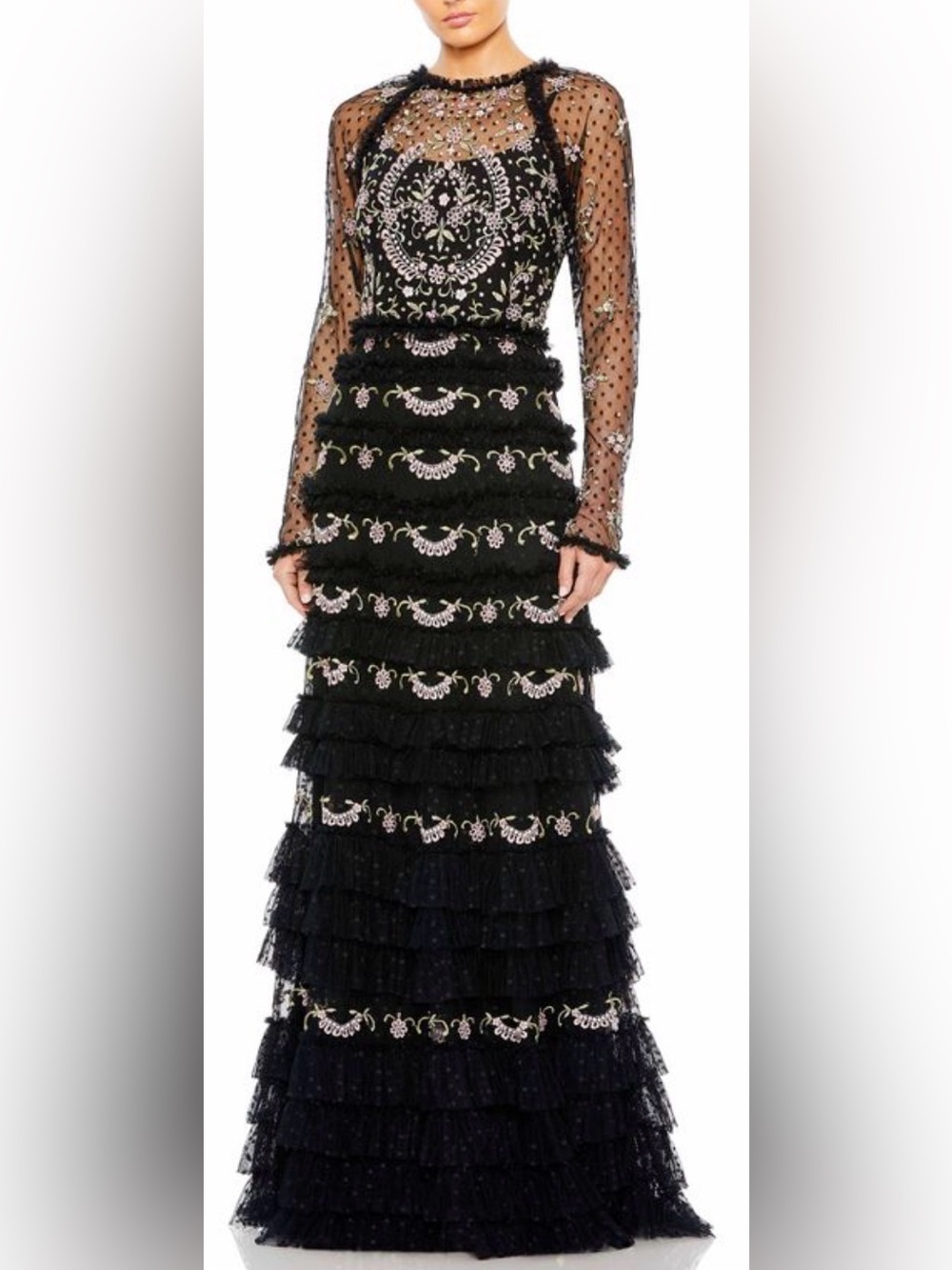 NEW Mac Duggal Mesh Polka Dot Long Sleeve Floral Ruffle Tired Gown Sz 10